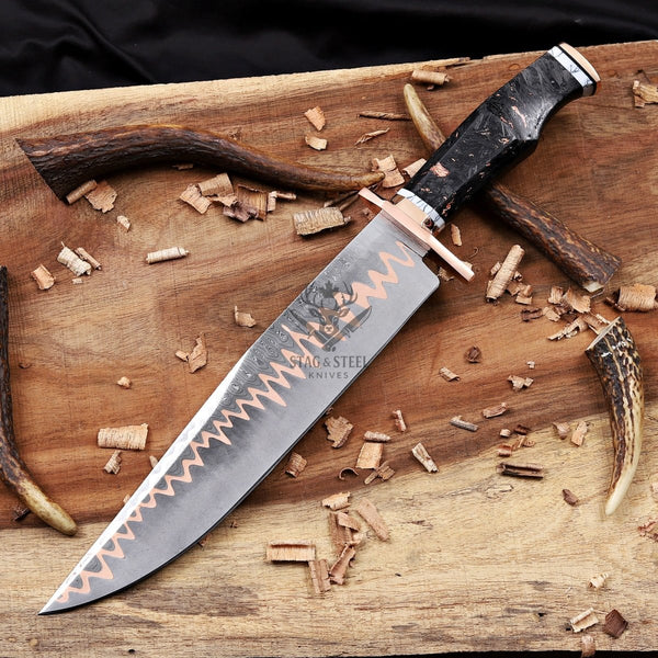 Copper Damascus Bowie Knife - 11” Blade with Copper Guard