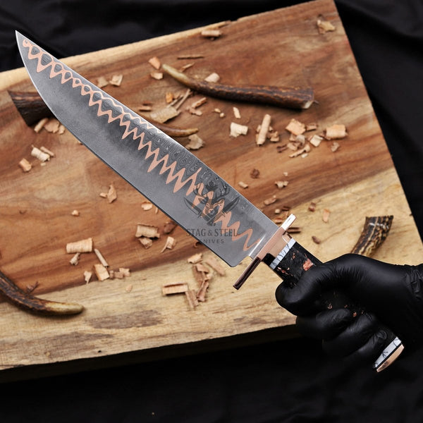 Copper Damascus Bowie Knife - 11” Blade with Copper Guard