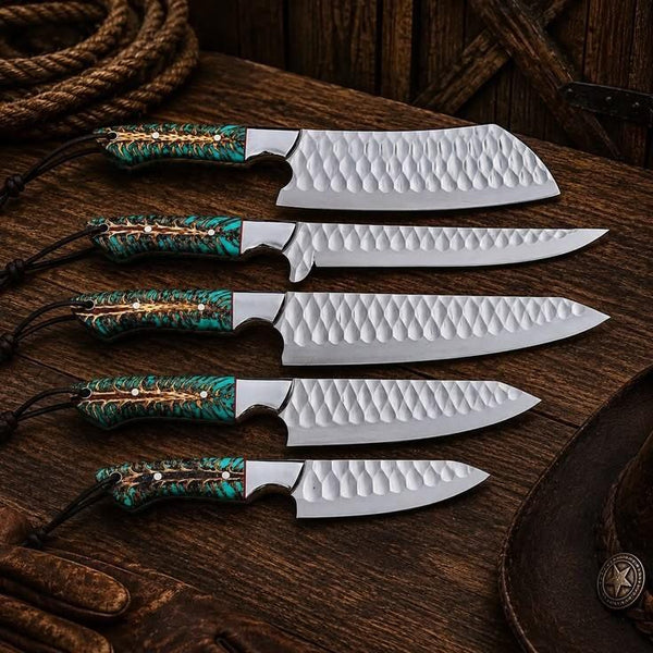 Handmade J2 steel kitchen set featuring pinecone resin handles