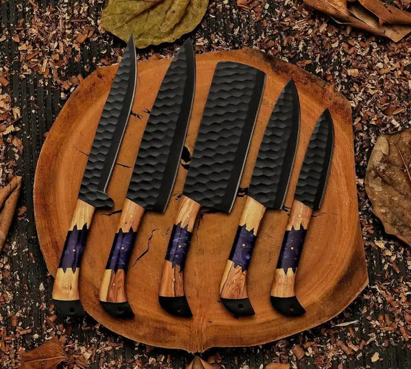 J2 steel powder-coated chef knife set with walnut resin handles