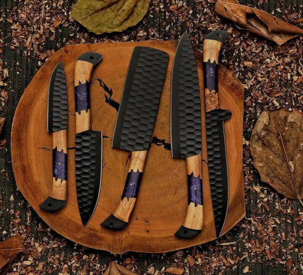 Handmade J2 steel kitchen set featuring walnut resin handles
