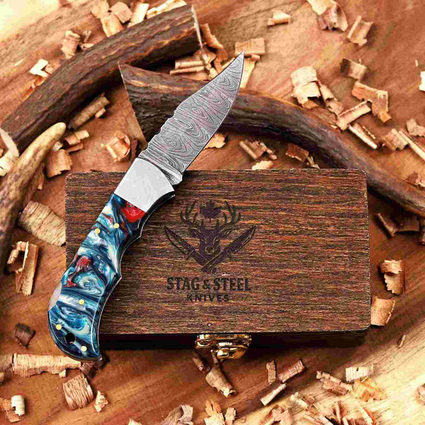 Blue Resin Damascus EDC Pocket Knife Forged Folding Knife