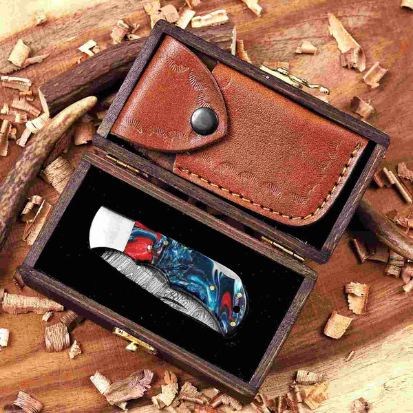 Blue Resin Damascus EDC Pocket Knife Forged Folding Knife