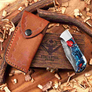 Blue Resin Damascus EDC Pocket Knife Forged Folding Knife