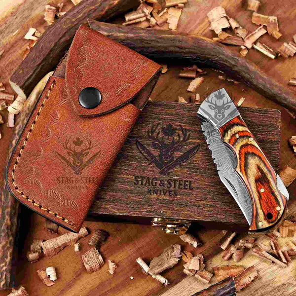 Multi Color Damascus Pocket Knife for Men Handmade Folding EDC