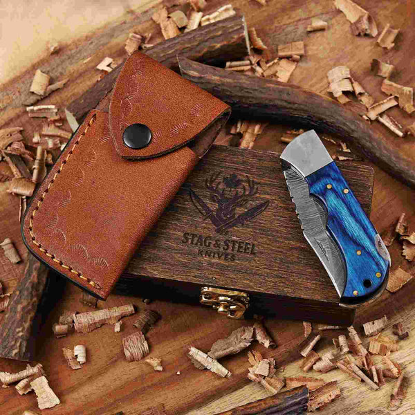 Blue Pakka Wood Damascus Folding Knife for Everyday Carry