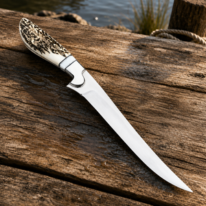Fixed-blade steel fillet knife with a textured natural stag horn handle resting on a rustic wooden pier.