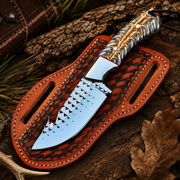 Fixed-blade rasp steel gut hook hunting knife with a pine cone handle and stainless steel bolster.