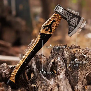 Hand Forged Raven Feather Viking Axe with Carved Handle