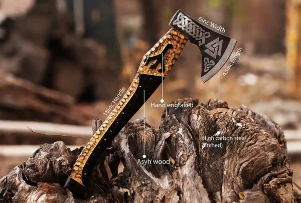 Hand Forged Raven Feather Viking Axe with Carved Handle