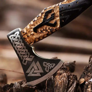 Raven Feather Viking Bearded Axe with Rope Carved Handle