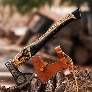 Viking Bearded Axe with Raven Feather Design and Rope Carving