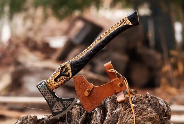 Viking Bearded Axe with Raven Feather Design and Rope Carving