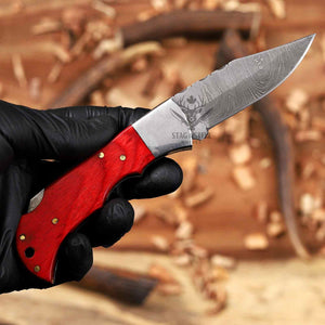 Red Pakka Wood Damascus Gift Knife, Folding EDC Blade