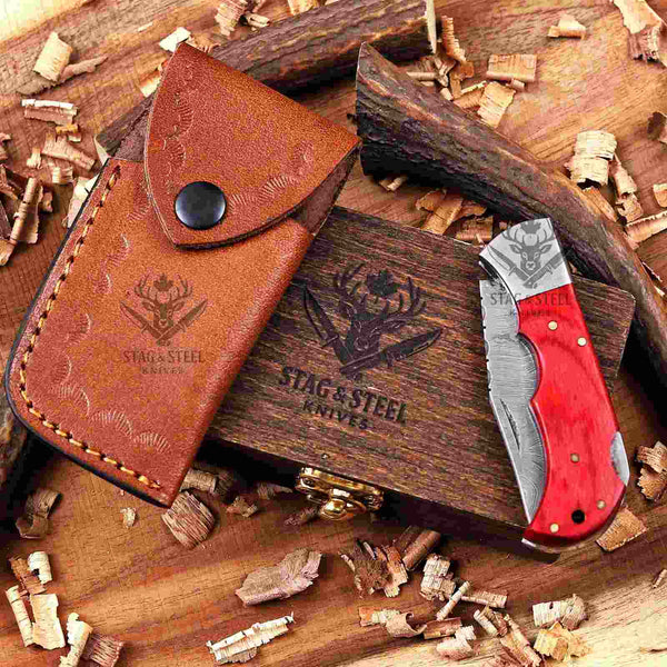 Red Pakka Wood Damascus Gift Knife, Folding EDC Blade