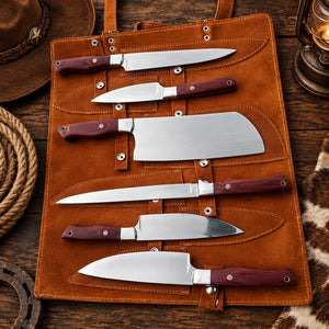Six-piece J2 steel chef knife set with red Micarta handles and steel bolsters