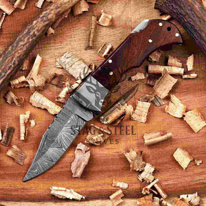 Rose Wood Damascus Folding Knife with Hardwood Gift Box