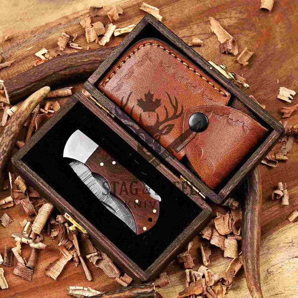 Rose Wood Damascus Folding Knife with Hardwood Gift Box