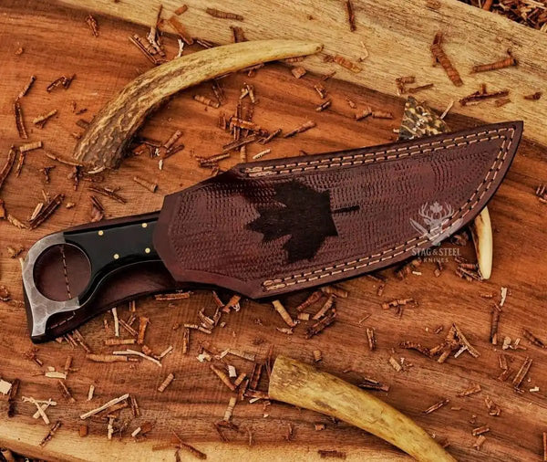 Sharp D2 blade ringtail knife with traditional leather sheath