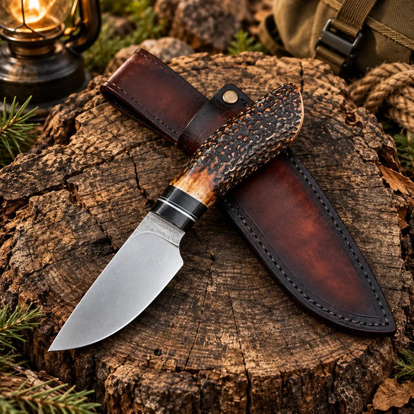 Handmade stag handle skinner knife with 440C drop point blade and hand-dyed leather sheath