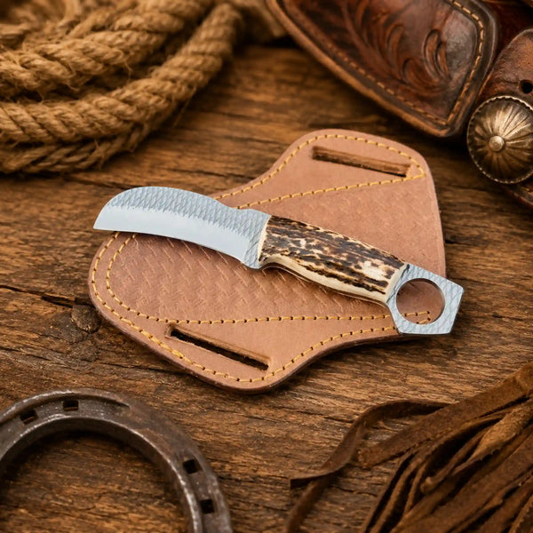 Stag horn ring pommel hawkbill knife in rasp steel on a cross draw leather sheath