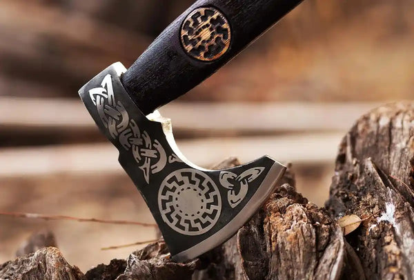 Handmade Sunwheel Viking Axe with Rustic Finish