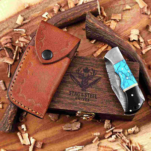 Turquoise Damascus Pocket Knife A Standout Folding Gift Knife