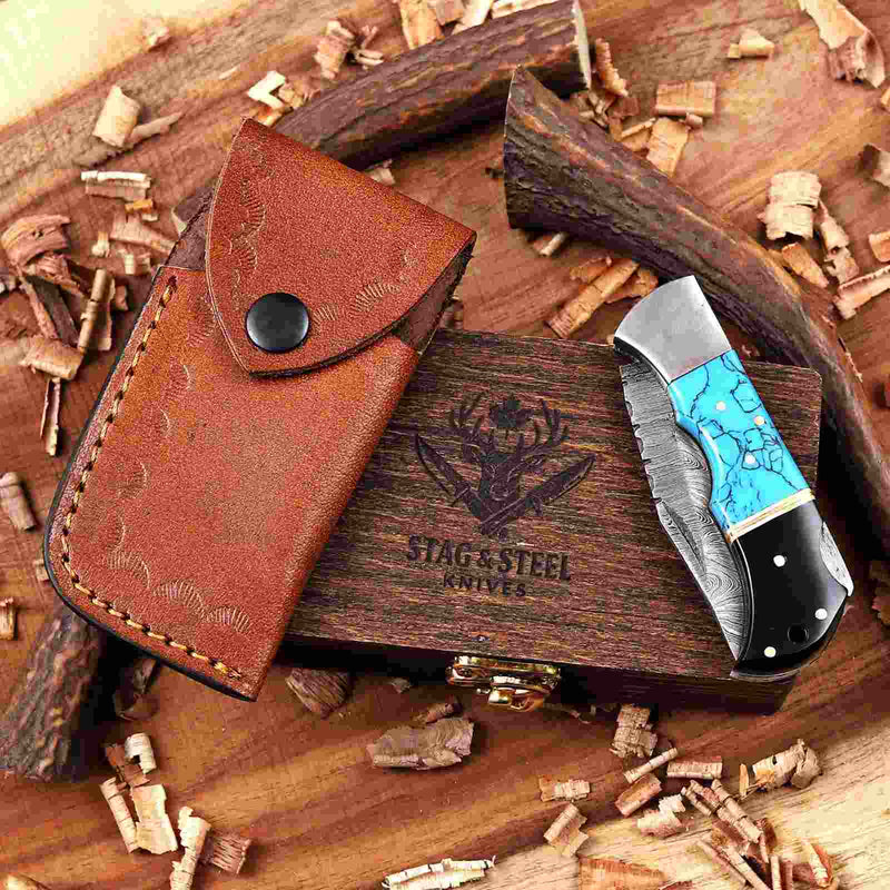 Turquoise Damascus Pocket Knife A Standout Folding Gift Knife