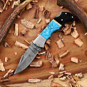 Turquoise Damascus Pocket Knife A Standout Folding Gift Knife