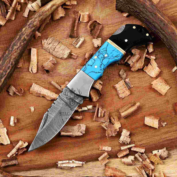 Turquoise Damascus Pocket Knife A Standout Folding Gift Knife