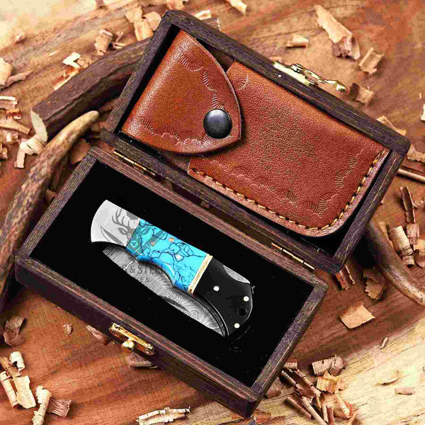 Turquoise Damascus Pocket Knife A Standout Folding Gift Knife