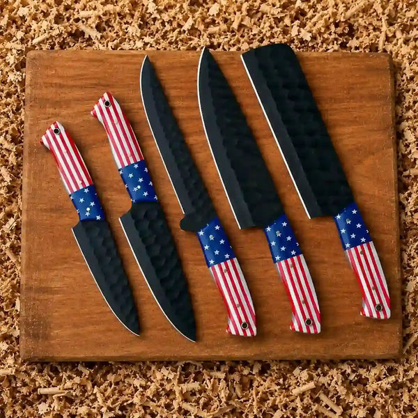 J2 steel kitchen knife set with USA flag handles