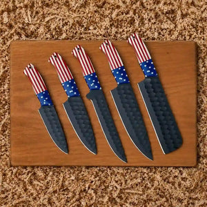 Handmade J2 steel knife set featuring USA flag handles