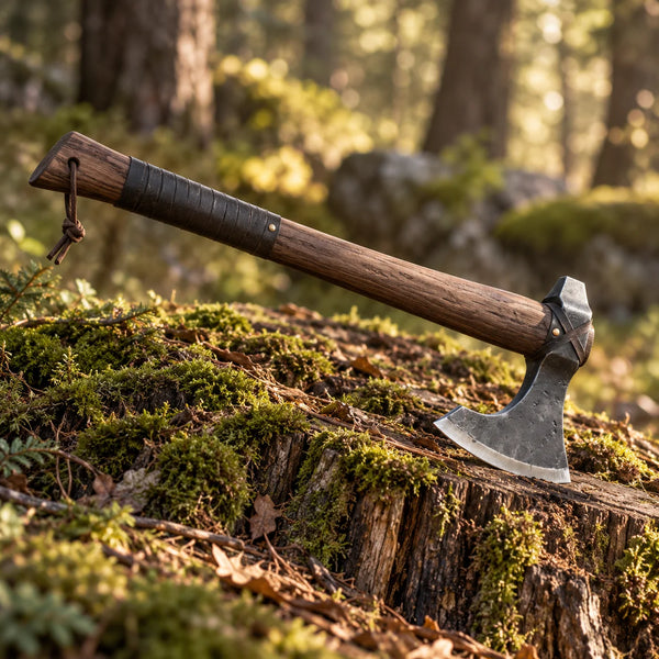Viking bearded axe featuring a custom engraved wooden handle