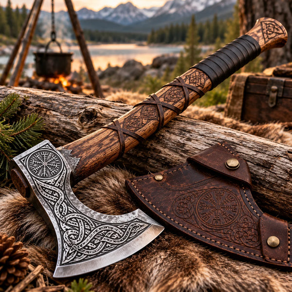 Viking bearded hatchet with engraved steel head and sheath