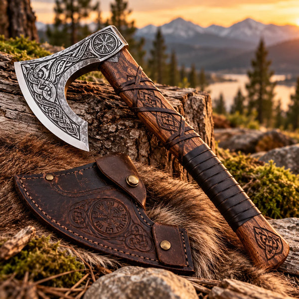 Viking hatchet with engraved steel head and protective sheath