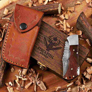 Rose Wood Damascus Folding Knife with Hardwood Gift Box