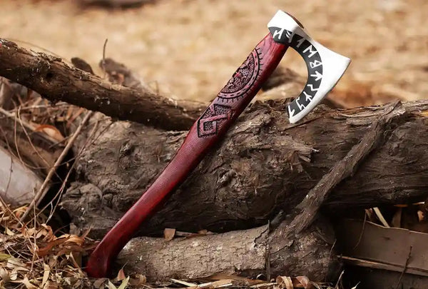 Engraved Viking Bearded Axe: 1075 Carbon Steel with Decorative Wooden Handle | Handmade Collector Axe