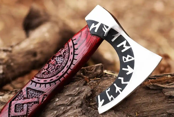 Engraved Viking Bearded Axe: 1075 Carbon Steel with Decorative Wooden Handle | Handmade Collector Axe