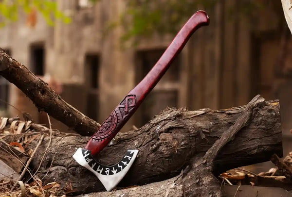 Engraved Viking Bearded Axe: 1075 Carbon Steel with Decorative Wooden Handle | Handmade Collector Axe