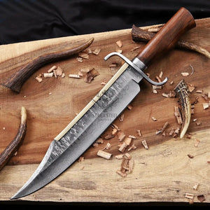 alamo musso damascus bowie knife rosewood handle full knife top view damascus blade and wood grain
