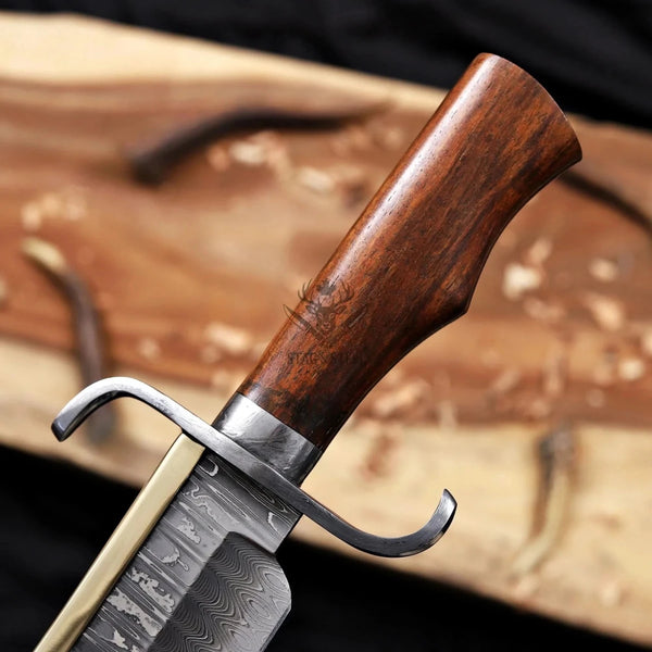 alamo musso damascus bowie knife rosewood handle handle and guard angle view wood texture detail