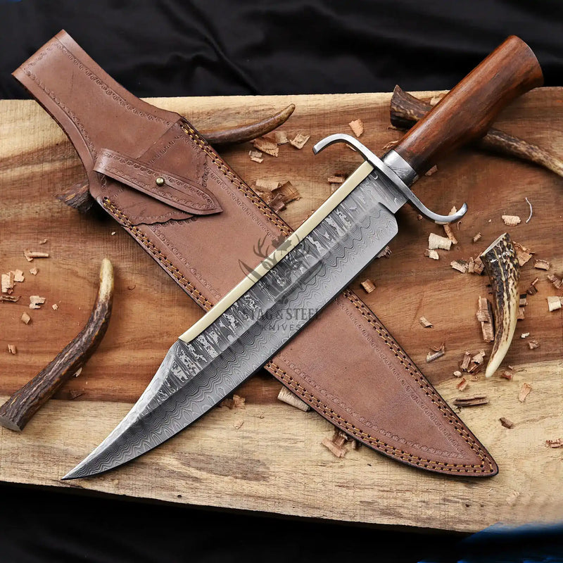 Alamo Musso damascus bowie knife rosewood handle full knife with sheath on wooden surface
