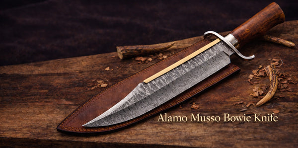 Alamo Musso Bowie Knife with sheath on a wooden surface