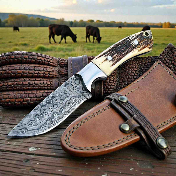 Antler horn cowboy knife showing the drop point Damascus blade pattern