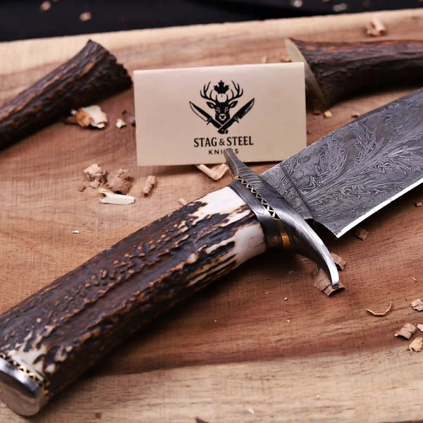Natural antler horn grip texture macro on Damascus bowie knife