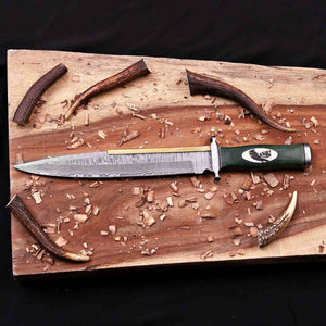 Arkansas toothpick knife with green G10 handle and brown leather sheath