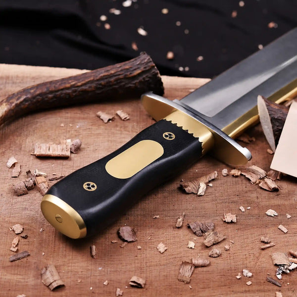 Black G10 handle with brass escutcheon plate and mosaic pins on D2 bowie knife