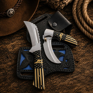 Two-piece hunting knife set with stars and stripes handles on tooled leather sheaths