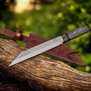 Handmade broken-back seax knife with runic engraved blade and leather sheath